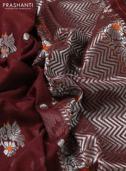 Pure zari kota silk saree brown and orange with silver zari woven buttas and floral design silver zari woven border