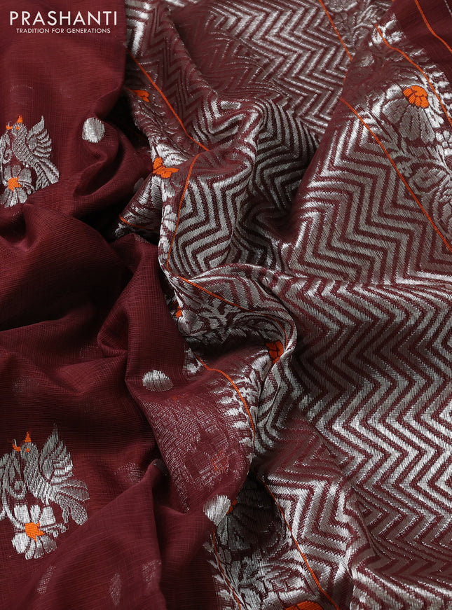 Pure zari kota silk saree brown and orange with silver zari woven buttas and floral design silver zari woven border