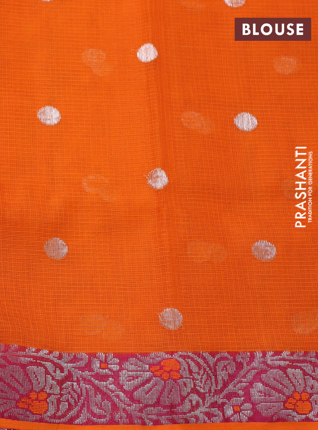 Pure zari kota silk saree brown and orange with silver zari woven buttas and floral design silver zari woven border