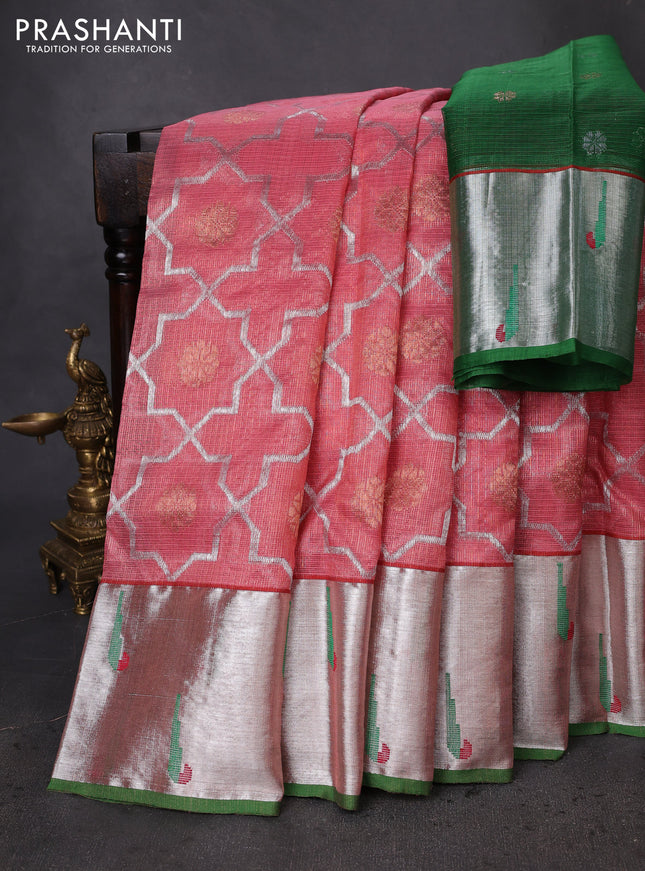 Pure zari kota silk saree peach shade and green with allover silver & gold geometric zari weaves and silver zari woven muniya butta border