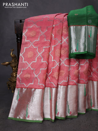 Pure zari kota silk saree peach shade and green with allover silver & gold geometric zari weaves and silver zari woven muniya butta border