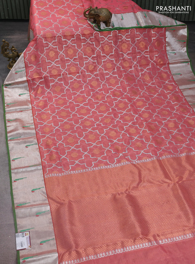 Pure zari kota silk saree peach shade and green with allover silver & gold geometric zari weaves and silver zari woven muniya butta border