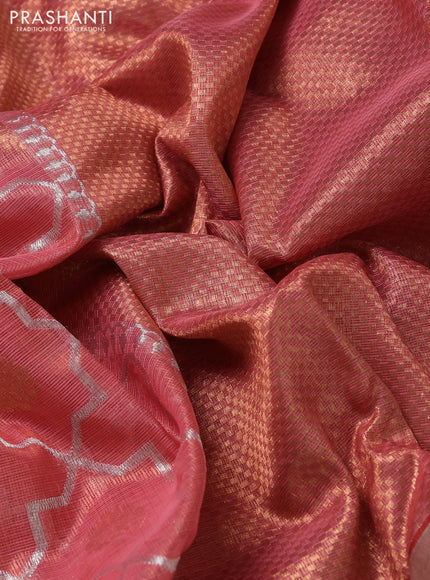 Pure zari kota silk saree peach shade and green with allover silver & gold geometric zari weaves and silver zari woven muniya butta border