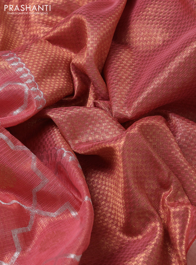 Pure zari kota silk saree peach shade and green with allover silver & gold geometric zari weaves and silver zari woven muniya butta border