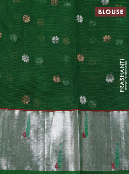 Pure zari kota silk saree peach shade and green with allover silver & gold geometric zari weaves and silver zari woven muniya butta border