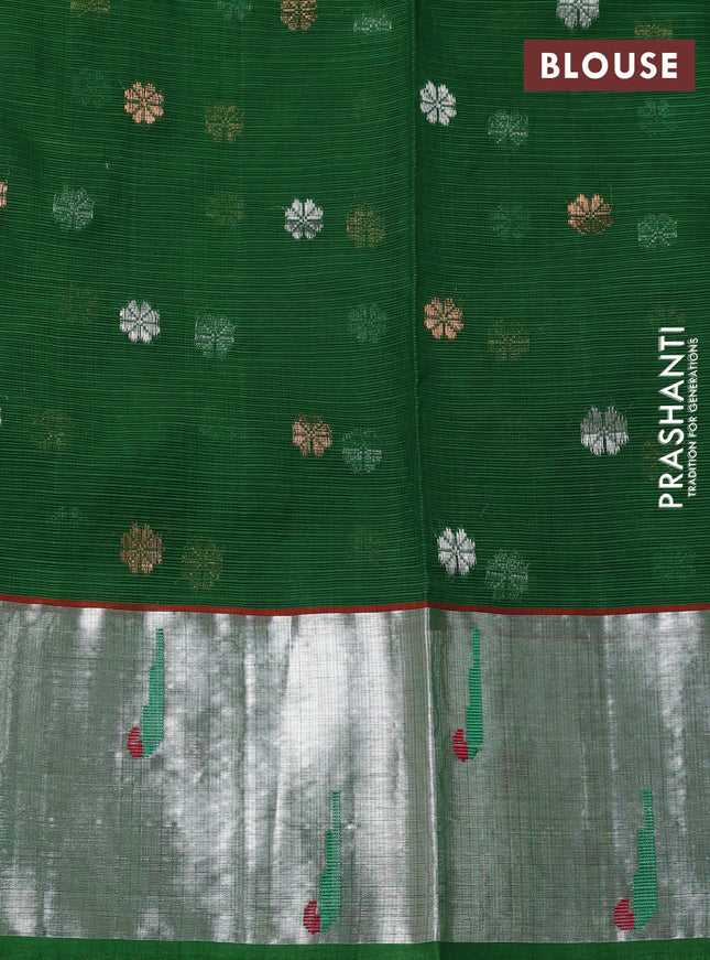 Pure zari kota silk saree peach shade and green with allover silver & gold geometric zari weaves and silver zari woven muniya butta border