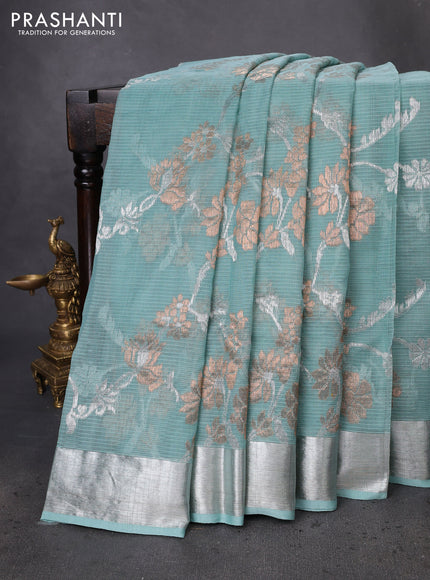 Pure zari kota silk saree pastel blue with allover silver & gold floral weaves and silver zari woven border