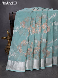 Pure zari kota silk saree pastel blue with allover silver & gold floral weaves and silver zari woven border