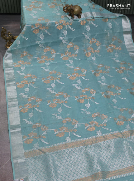 Pure zari kota silk saree pastel blue with allover silver & gold floral weaves and silver zari woven border