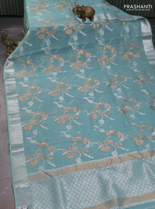 Pure zari kota silk saree pastel blue with allover silver & gold floral weaves and silver zari woven border