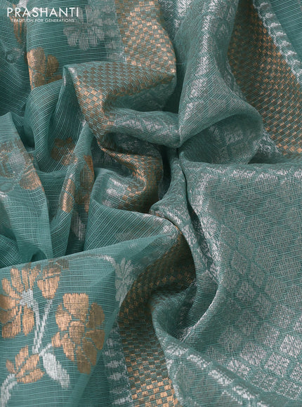 Pure zari kota silk saree pastel blue with allover silver & gold floral weaves and silver zari woven border