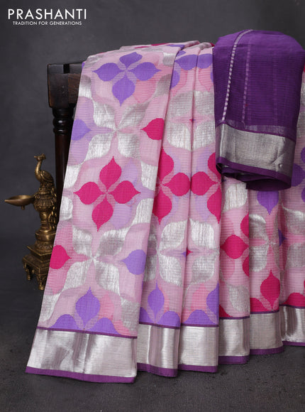 Pure zari kota silk saree baby pink and violet with thread & silver zari weaves and silver zari woven border