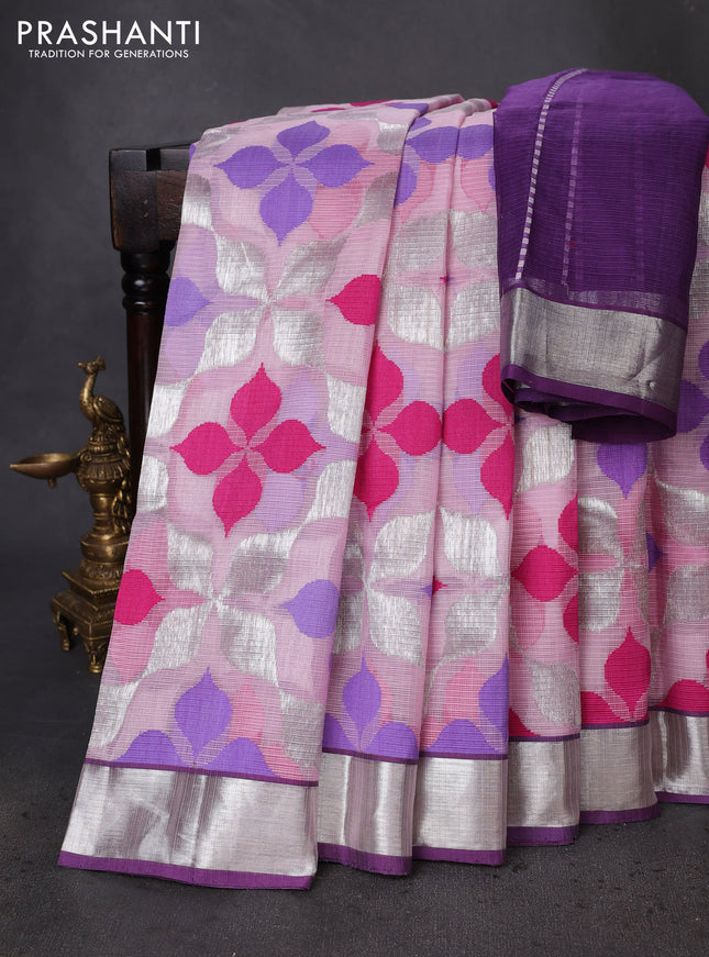 Pure zari kota silk saree baby pink and violet with thread & silver zari weaves and silver zari woven border