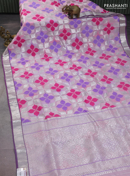 Pure zari kota silk saree baby pink and violet with thread & silver zari weaves and silver zari woven border