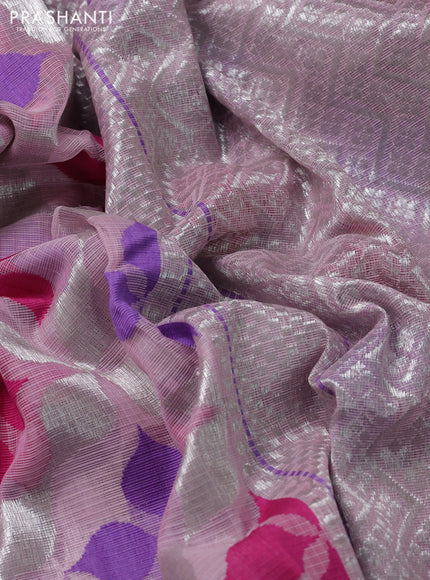 Pure zari kota silk saree baby pink and violet with thread & silver zari weaves and silver zari woven border