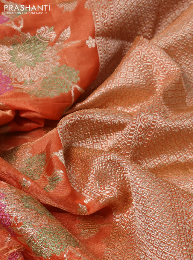 Banarasi tissue silk saree orange with allover zari woven brocade weaves and zari woven border