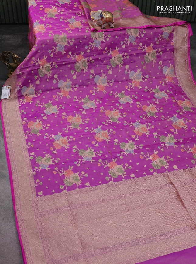 Banarasi tissue silk saree dual shade of lavender with allover zari woven brocade weaves and zari woven border