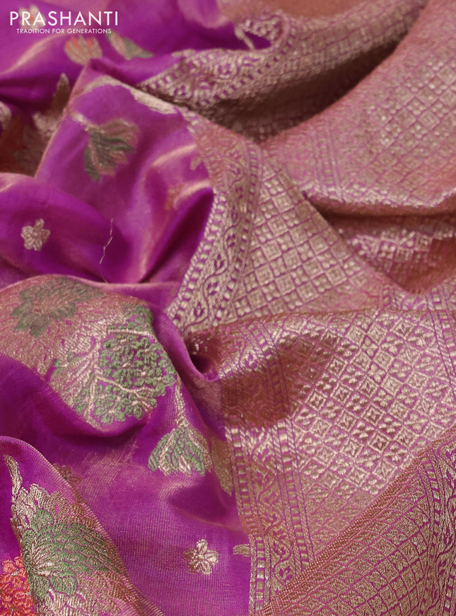 Banarasi tissue silk saree dual shade of lavender with allover zari woven brocade weaves and zari woven border