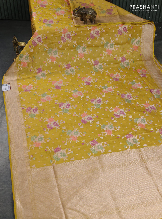 Banarasi tissue silk saree yellow with allover zari woven mina weaves and zari woven border