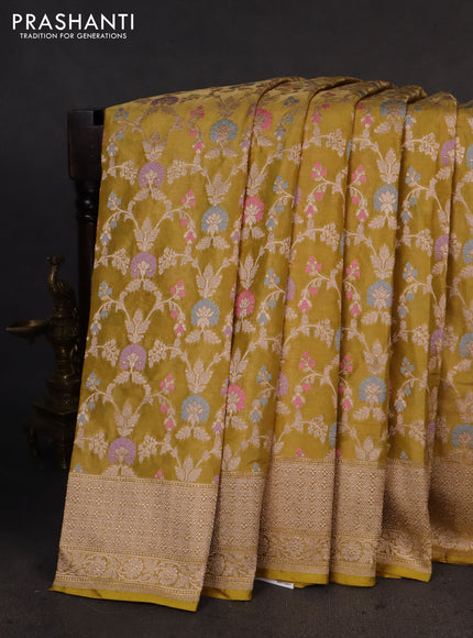 Banarasi tissue silk saree lime green with allover zari woven brocade weaves and zari woven border