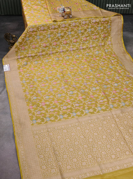 Banarasi tissue silk saree lime green with allover zari woven brocade weaves and zari woven border