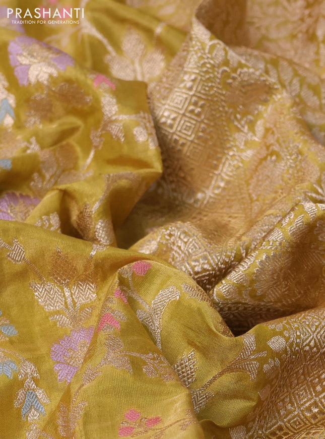 Banarasi tissue silk saree lime green with allover zari woven brocade weaves and zari woven border