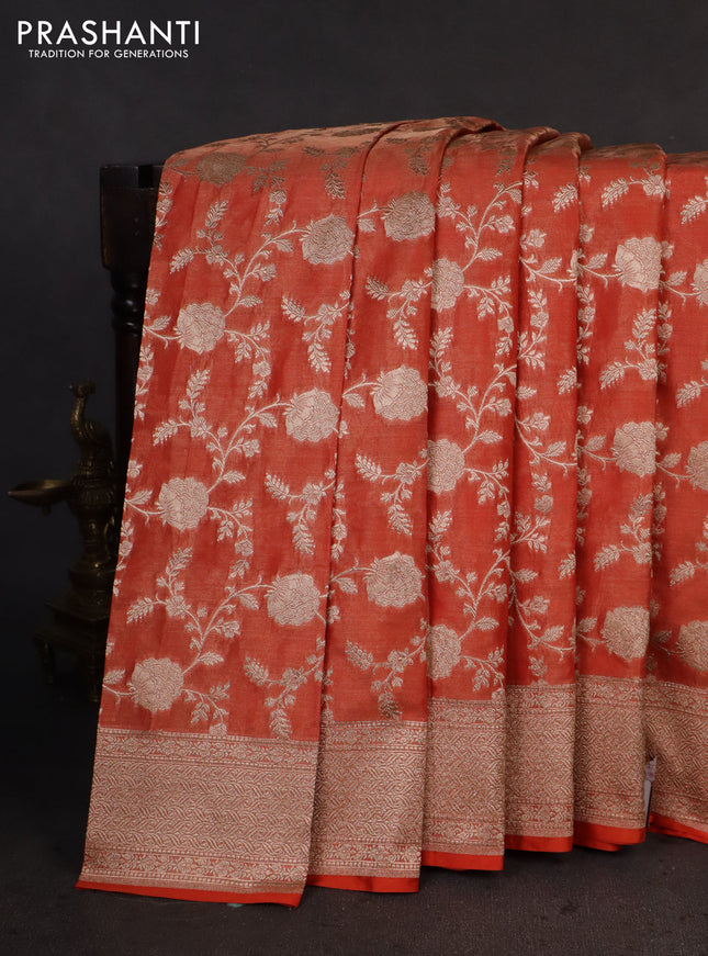 Banarasi tissue silk saree rustic orange with allover zari woven brocade weaves and zari woven border
