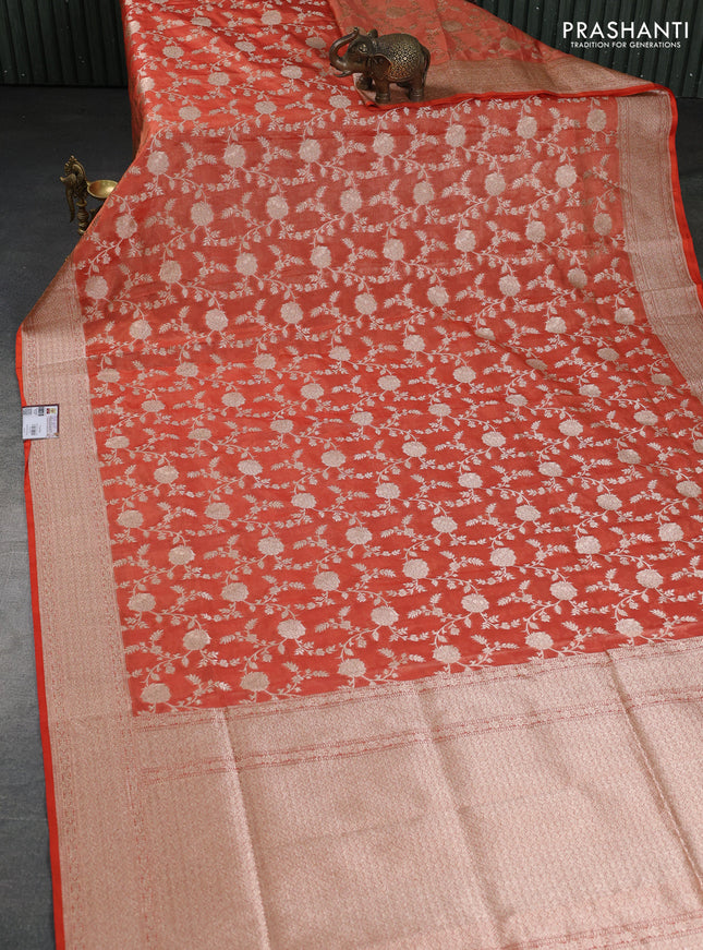 Banarasi tissue silk saree rustic orange with allover zari woven brocade weaves and zari woven border
