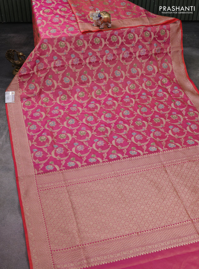 Banarasi tissue silk saree pink with allover zari woven brocade weaves and zari woven border