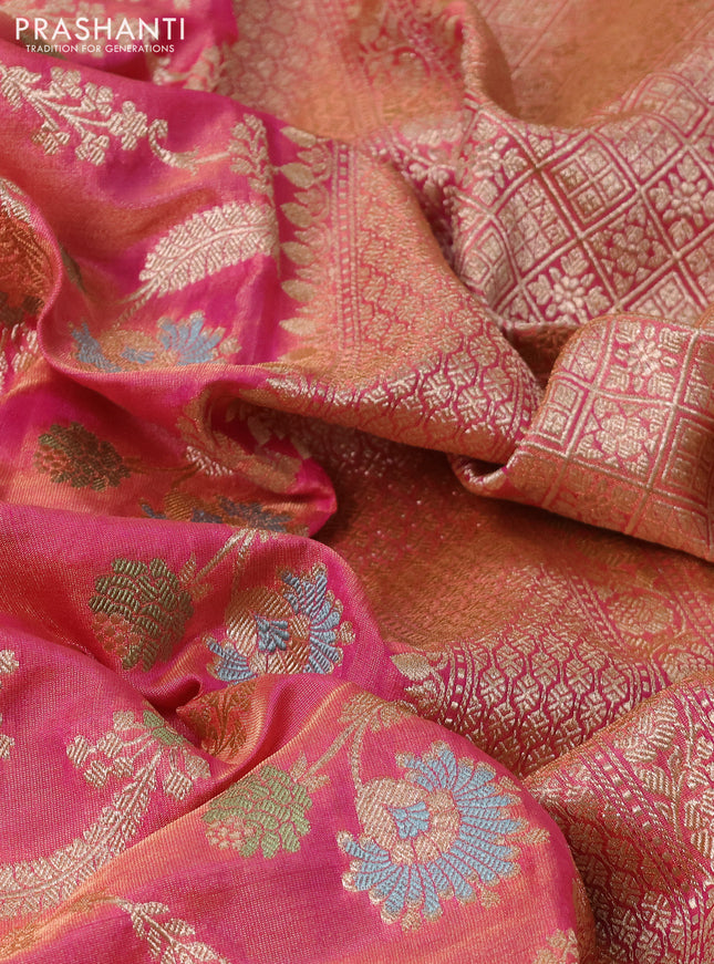 Banarasi tissue silk saree pink with allover zari woven brocade weaves and zari woven border