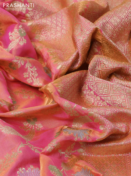 Banarasi tissue silk saree pink and dual shade of pinkish orange with allover zari woven brocade weaves and zari woven border