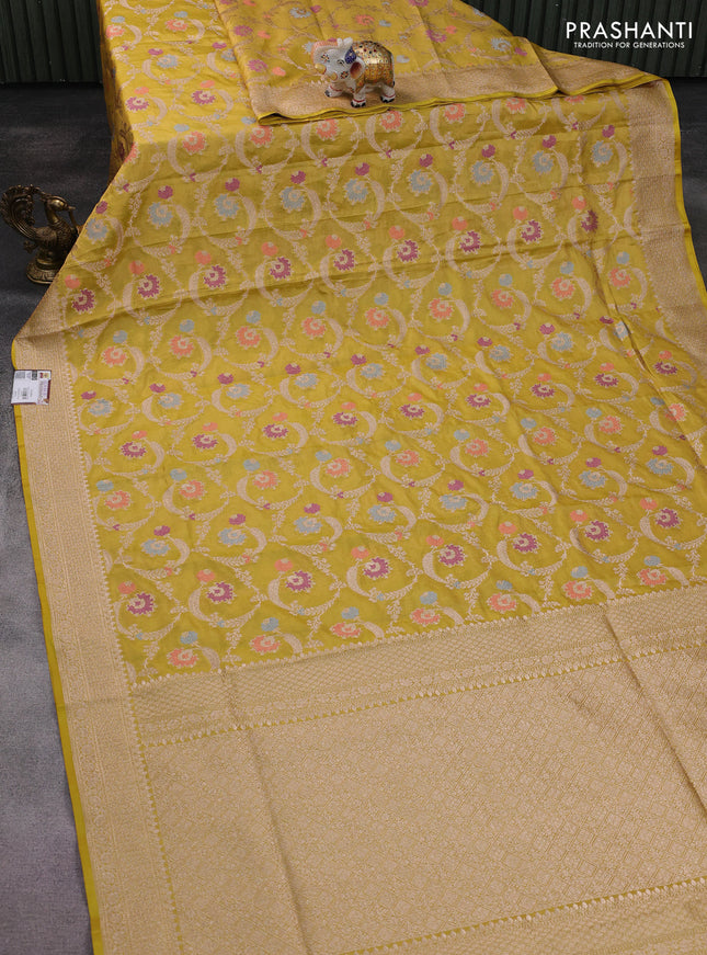 Banarasi tissue silk saree yellow with allover zari woven brocade weaves and zari woven border