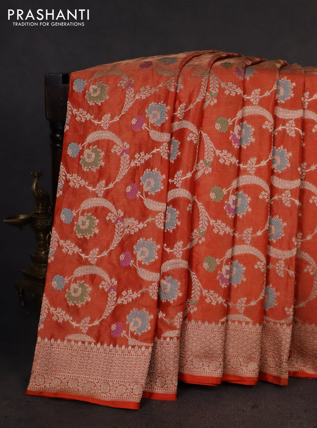 Banarasi tissue silk saree orange with allover zari woven brocade weaves and zari woven border