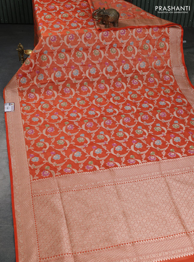 Banarasi tissue silk saree orange with allover zari woven brocade weaves and zari woven border