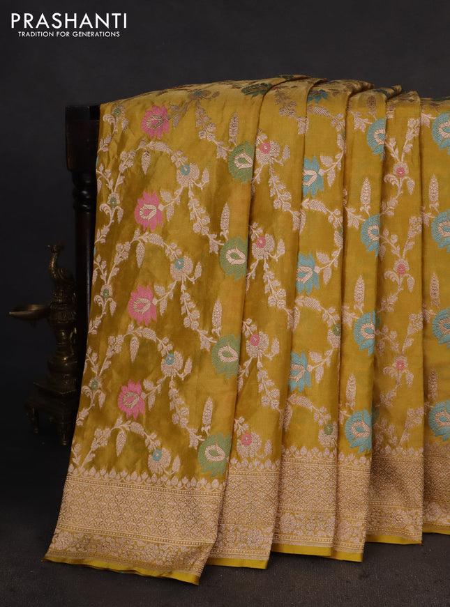 Banarasi tissue silk saree lime yellow with allover zari woven brocade weaves and zari woven border