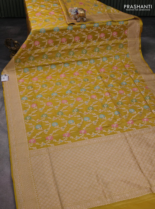 Banarasi tissue silk saree lime yellow with allover zari woven brocade weaves and zari woven border
