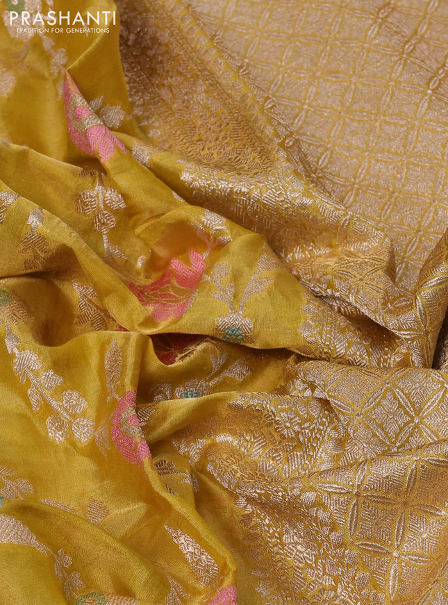 Banarasi tissue silk saree lime yellow with allover zari woven brocade weaves and zari woven border