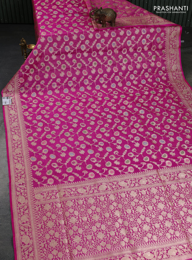 Banarasi tissue silk saree pink with allover zari woven brocade weaves and zari woven border