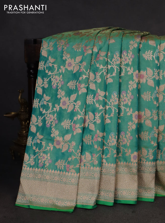 Banarasi tissue silk saree teal green with allover zari woven brocade weaves and zari woven border