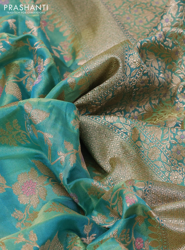 Banarasi tissue silk saree teal green with allover zari woven brocade weaves and zari woven border