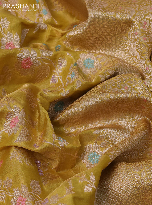 Banarasi tissue silk saree lime yellow with allover zari woven brocade weaves and zari woven border