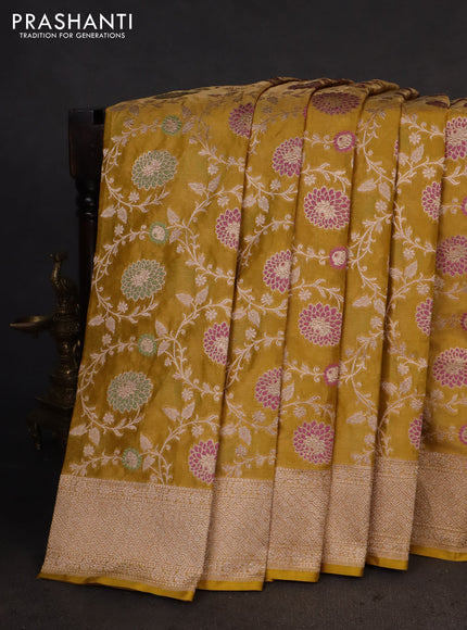 Banarasi tissue silk saree lime yellow with allover zari woven brocade weaves and zari woven border