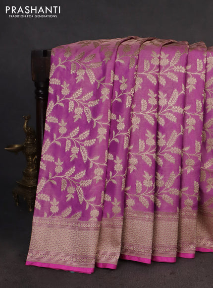 Banarasi tissue silk saree mild purple and pink with allover zari woven brocade weaves and zari woven border