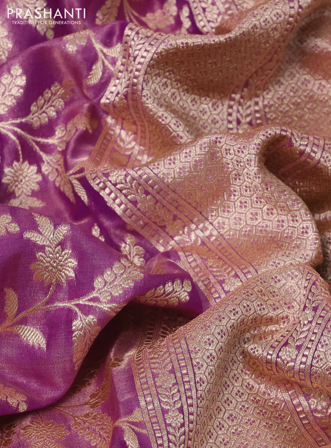 Banarasi tissue silk saree mild purple and pink with allover zari woven brocade weaves and zari woven border