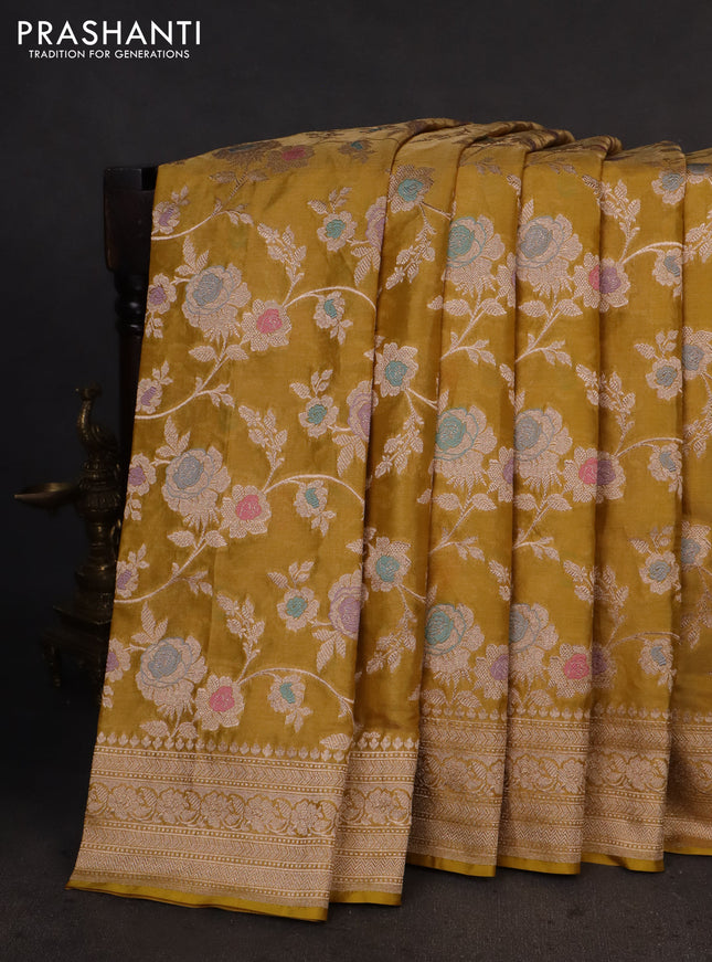 Banarasi tissue silk saree mustard yellow with allover floral zari woven brocade weaves and zari woven border