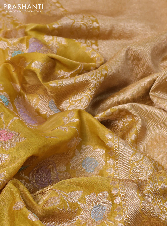 Banarasi tissue silk saree mustard yellow with allover floral zari woven brocade weaves and zari woven border
