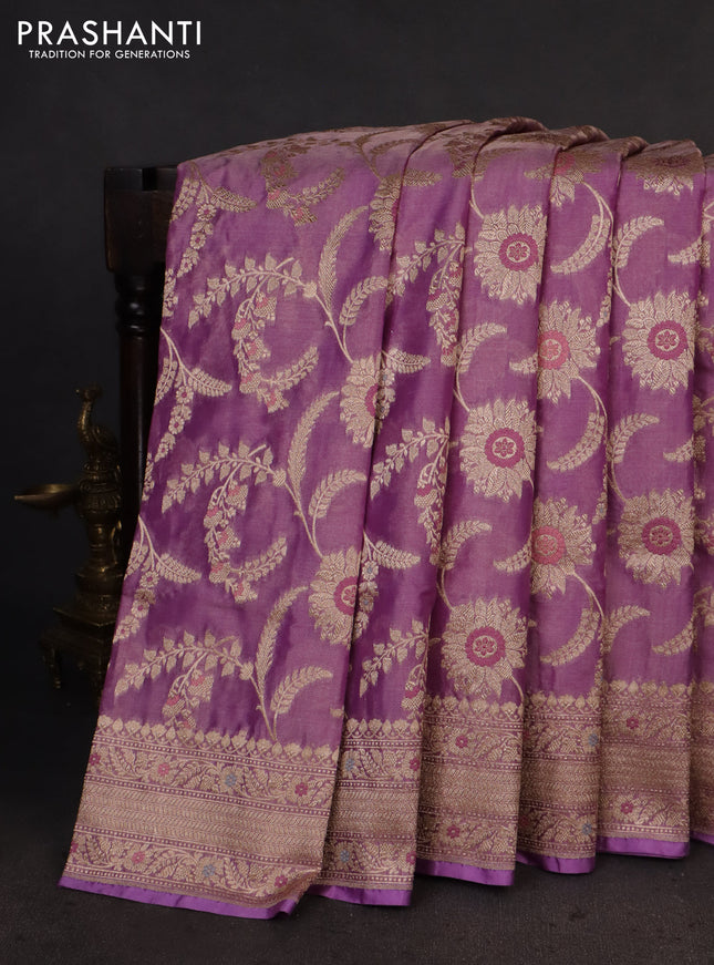 Banarasi tissue silk saree lavender with allover floral zari woven brocade weaves and zari woven border