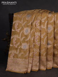 Banarasi tissue silk saree sandal with allover floral zari woven brocade weaves and zari woven border