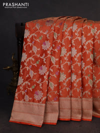 Banarasi tissue silk saree orange with allover floral zari woven brocade weaves and zari woven border