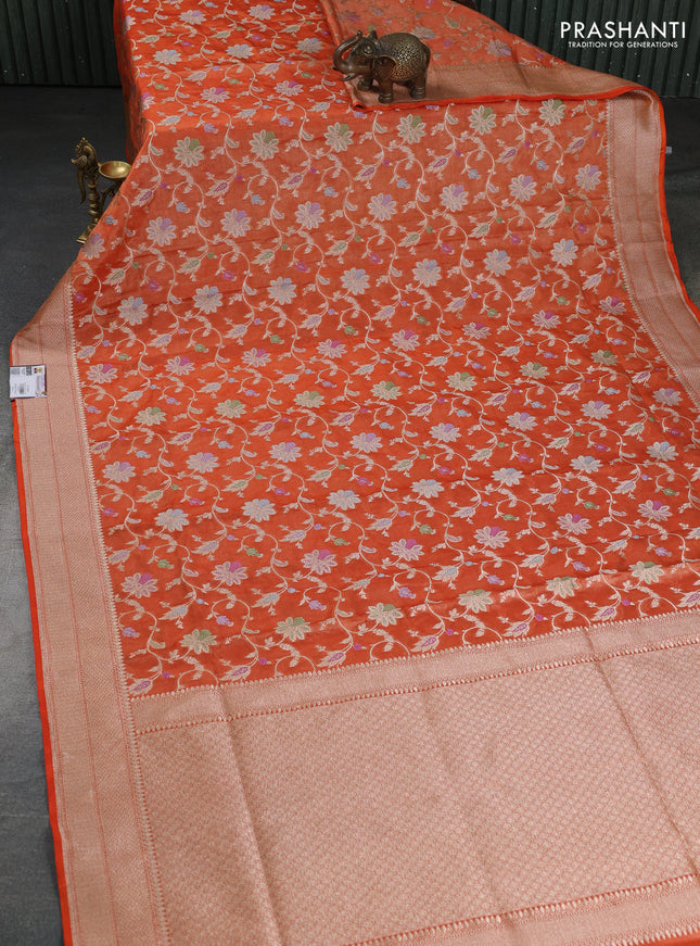 Banarasi tissue silk saree orange with allover floral zari woven brocade weaves and zari woven border
